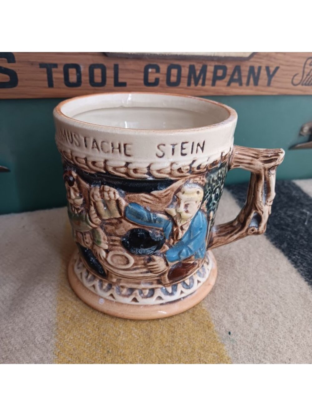 Vintage Mustache Stein Beer Mug With Hand-Painted Relief Design 1950's Japan